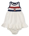 This sporty ruffled dress celebrates Team USA's participation in the 2012 Olympics with red, white and blue stripes and an embroidered flag patch for heritage flair.