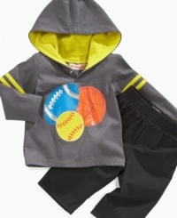 Keep his all-start status known with this sporty shirt and pant set from Kids Headquarters.