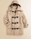 Featuring check lining, classic toggles and a removable hood, this coat made from plush wool is a cold-weather must-wear.Detachable hoodShirt collarLong sleeves with button cuffsToggle button closureFlap patch pocketsFully linedWoolDry cleanImported Please note: Number of buttons may vary depending on size ordered. 