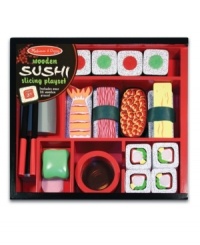 Add wasabi, if you like! This elegant 24-piece wooden sushi set is packed in a beautiful storage box and includes sliceable sushi rolls, shrimp, tuna, easy-use chopsticks, a cleaver and more! Sushi rolls make realistic chopping sounds when sliced!