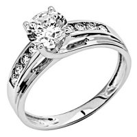 14K White Gold Solitaire 1.5 CT Equivalent Round CZ Cubic Zirconia High Polish Finish Ladies Wedding Engagement Ring Band with Round Side Stone