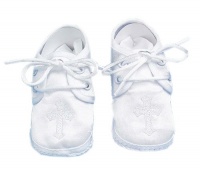 Lauren Madison baby boy Christening Baptism Special occasion Infant Satin Shoes With Embroidered Cross On The Toe, White, Large