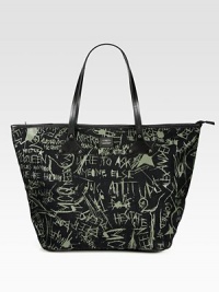 Signature graffiti transforms this roomy carryall crafted of durable nylon with smooth leather trim. Double leather top handles, 13 dropOpen topTwo inside open pockets13½W X 16H X 4½DMade in Italy