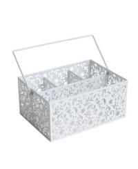 Pretty organized. This large multipurpose caddy from Design Ideas marries function and style in coated steel stamped with a frilly floral pattern. Fill with flatware, assorted condiments or office supplies.