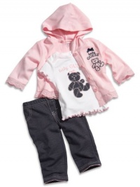 GUESS Kids Girls Baby Teddy Tee, Jacket and Pant Set, LIGHT PINK (6/9M)