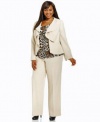 Kasper 3 Piece Crepe Ruffle Pant Suit Set Size 16W Jacket and Leopard Print Shell