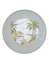 Combining the exotic lushness of the tropics with classic British style, this china collection stirs romantic thoughts of overseas adventures. This accent plate comes in three richly detailed designs--shutter, bamboo or trade winds--and features a hand-painted shore scene. A thin rim of gold lends a brilliantly elegant touch.