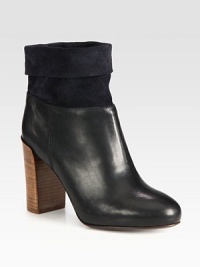 Fine leather, suede and a powerful stacked heel combine in this fold-over silhouette for an edgy-cool vibe. Stacked heel, 3¾ (95mm)Leather and suede upperPull-on styleLeather lining and solePadded insoleMade in Italy