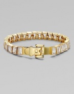 A contemporary buckle closure adds interest to this cubic zirconia baguette tennis bracelet. Cubic zirconiaBrassLength, about 7 to 7.25 adjustableBuckle closureImported 