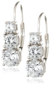 Platinum Plated Sterling Silver Round Cubic Zirconia Three-Stone Lever Back Earrings