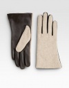 This cold weather necessity is revamped with buttery soft leather palms design with touchscreen technology for easy access to electronics.About 8 longCashmere liningPalm: leather Outer: polyester/wool/viscoseImported