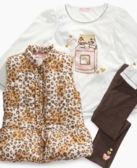 Give your budding fashionista a little glam with this fun sparkly-graphic shirt, legging and animal-print vest 3-piece set from Kids Headquarters.