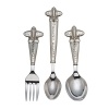 Mealtime sets off into the wild blue yonder with the Zoom Zoom 3-Piece Set. This stainless steel baby set with nickelplated handles includes a baby spoon and fork just the right size for little hands, and an infant feeding spoon.