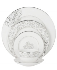 Luxe bone china blossoms into the gorgeous Sunday Rose place settings with Monique Lhuillier's designer touch. Modern dinnerware shapes edged in glistening platinum, luscious blooms and twinkling dots add chic elegance to special occasions.