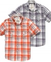 Up your casually cool style with a pop of plaid in this shirt from Guess.