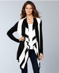 Long and made for layering, INC's cool cascade cardigan works its style magic in bold black and white stripes.