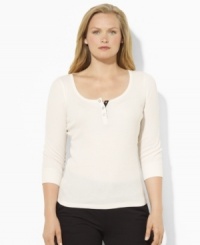 Lauren Ralph Lauren's classic waffle-knit cotton plus size Henley channels modern style with chic three-quarter sleeves. (Clearance)