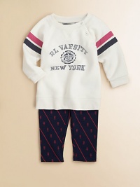 An ultra-comfortable set includes a stylish collegiate-inspired varsity fleece sweatshirt and legging, rendered in a stripe and owl print. Sweatshirt CrewneckLong raglan sleevesFront buttons Leggings Elastic waistband60% cotton/40% polyesterMachine washImported