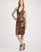 Demure, stretch-satin halter emboldened by a primal leopard print. Halter neckline Invisible back zipper Fully lined About 24 from shoulder to hem 57% viscose/40% cotton/3% Lycra Dry clean Made in USA of Italian fabric