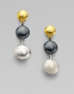 From the Lentil Collection. A trio of hammered spheres - yellow gold, white and blackened sterling silver - create a rich drop design.24k yellow gold Sterling silver Length, about 1½ Post back Imported