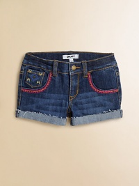 Classic jean shorts get an eye-catching update with colorful embroidery, studded details and slightly distressed, cuffed hem.Button closureWaistband with belt loopsZip flyFive-pocket styleSlightly distressed, cuffed hem68% cotton//31% polyester/1% spandexMachine washImported