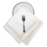 Classic and crisp white 100% cotton table linen with double banded barrata stitch. It compliments any patterned dinnerware for formal entertaining.