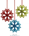 Snowed in. Add of touch of shimmer and sparkle to your tree with this set of six glittered snowflakes in blue, red and green hues for a festive finish.