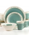 Serene and understated, Sango's Newport Aqua dinnerware set is handcrafted with raised dots and teal accents on a body of glazed white stoneware.