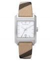 This Burberry timepiece features a Nova check fabric strap and rectangular stainless steel case. Silver tone checked dial features stick indices, minute track, date window at six o'clock, three hands and logo. Quartz movement. water resistant to 50 meters. Two-year limited warranty.