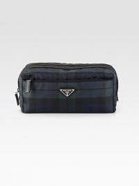 Printed with a Scotch plaid. Three zip pockets Zip closure 11½W X 4H X 5½D Made in Italy 