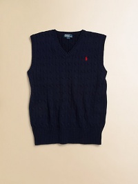 The essential sweater vest is a handsome layer rendered in durable cable-knit cotton.V-neckSleevelessPullover styleRibbed V-neck, armholes and hemCottonMachine washImported