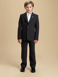 When it's time for your young man to dress up, start him out in elegant, understated Armani pinstripes on fine, light stretch wool. Jacket:Notched collar and lapels with eagle lapel pinThree-button frontButton detail at cuffsWelt chest pocketBesom front pocketsDouble back vents Pants:Button waist with belt loopsZip flySide slash pockets95% wool/5% elastaneDry cleanMade in Italy