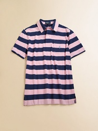 A classic polo rendered in striped knit cotton for a preppy look.Point collarShort sleevesFront button placketPatch pocketUneven vented hemCottonMachine washImported Please note: Number of buttons may vary depending on size ordered. 