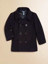 The essential peacoat in luxuriously soft wool is classically rendered for a timeless appeal.Notch collarLong sleevesDouble-breasted button-frontFront slash pocketsSingle back ventWoolDry cleanImported Please note: Number of buttons may vary depending on size ordered. 