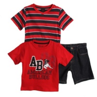 American Bulldog Kid Boys 3 Piece Red Navy Striped Shirt Denim Jean Shorts Set