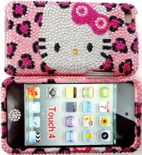 Pink Blinged Out Case for Girls Women Leopard cheetah Hello Kitty Red Bowknot Rhinestone Jeweled Fits Apple Ipod Touch 4g Cover Bumper and Bling Button