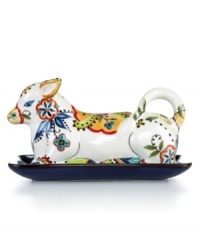 Fresh from the farm. Irresistibly charming, this cow-shaped butter dish features bold Bocca florals in dishwasher- and microwave-safe earthenware from Tabletops Unlimited.