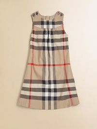 The classic check pattern adorns this plush cotton frock in an A-line silhouette with shoulder button detail.Round necklineSleevelessConcealed back zipperFront yokeA-line skirtCottonMachine washImported