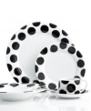 Cru takes the formality out of fine china with the Black Pearl place settings. Platinum-banded dots add whimsical flair and a touch of shine to elegant white porcelain designed for dishwasher use.