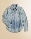 Playful hints of wear-and-tear and Western-inspired embroidery at the shoulders lend an authentic feel to a soft denim shirt.Pointed collarLong sleeves with pearlized snap barrel cuffsButton-frontSnap-flap patch pocketsShirttail hemCottonMachine washImported Please note: Number of buttons/snaps may vary depending on size ordered. 