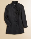 Frilly, ruffled front trim gives this single-breasted peacoat design a chic girlish look.Stand collarFront button closureTonal seamsDual seam pocketsPolyester/rayon/spandexFully linedMachine washImported