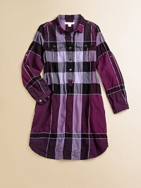 A bold check pattern and button-flap chest pockets complete this timeless woven cotton shirt dress.Pattern variesSpread collarLong sleeves with button-tab roll cuffsButton-frontButton flap chest pocketsShirttail hemCotton/nylon/elastaneMachine washImported