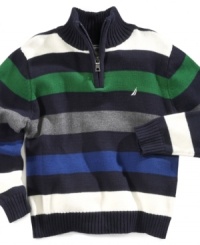 Dress him up in the sweet style of the colorful bars on this sweater from Nautica.