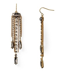 Hematite-toned glass stones dangle from gleaming chains on this pair of ABS by Allen Schwartz drop earrings, finished in 12-karat worn gold plated metal.