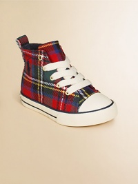 A classic high-top sneaker is rendered in durable preppy plaid canvas with pony embroidery.Lace-upCanvas upperCotton canvas liningRubber solePadded insoleImported