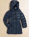 Quilted puffer styling teamed with stylish toggles make an adorable seasonal essential that your little one will love.Snap-off hoodThroat tabs with snapsPuffy stand collarQuilted alloverConcealed zip front with togglesLong sleeves with rib-knit cuffsDual front welt pocketsLogo detail on one pocketFully linedShell: polyamideFill: goose downDry cleanImported