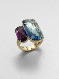 From the Murano Collection. Faceted London blue topaz accented with lovely amethyst set in a hand-engraved 18k gold shank. London blue topaz and amethyst18k goldWidth, about .7Made in Italy 