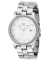 An elegant watch with just the right touch of bling, from Marc by Marc Jacobs. Stainless steel bracelet and round case. Crystal-accented bezel. White glossy dial with logo, date window and logo at indices. Quartz movement. Water resistant to 30 meters. Two-year limited warranty.