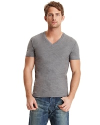 V-neck slub jersey tee shirt with small snap pocket at neckline.