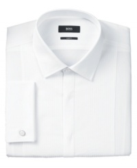 Tonal-striped panels accent this modern, slim-fitting dress shirt from Hugo Boss with a fresh amount of unexpected style.